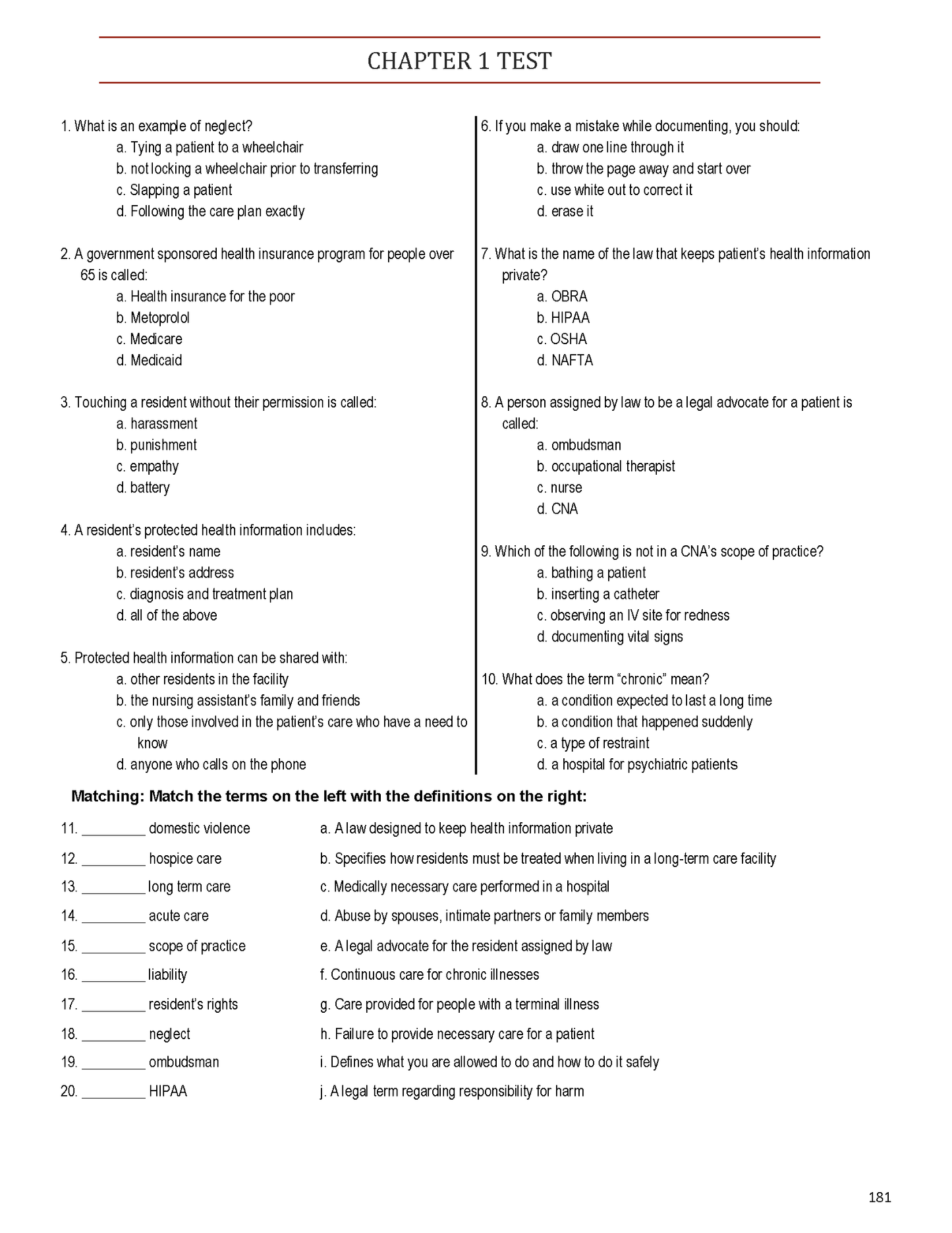 white page with black text titled Chapter 1 Test