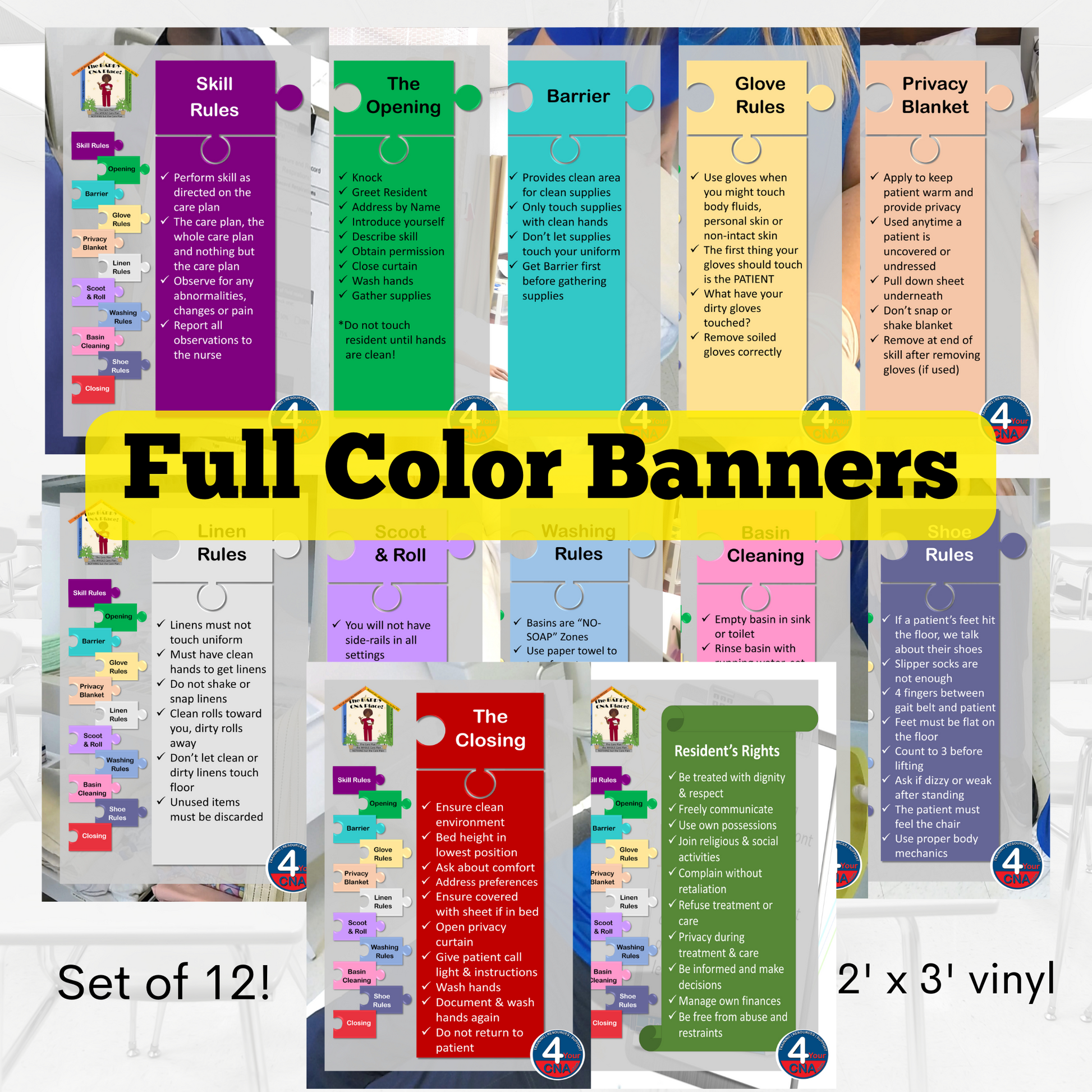 A set of 11 full color vinyl banners displayed vertically with various titled sections for classroom principles and rules.