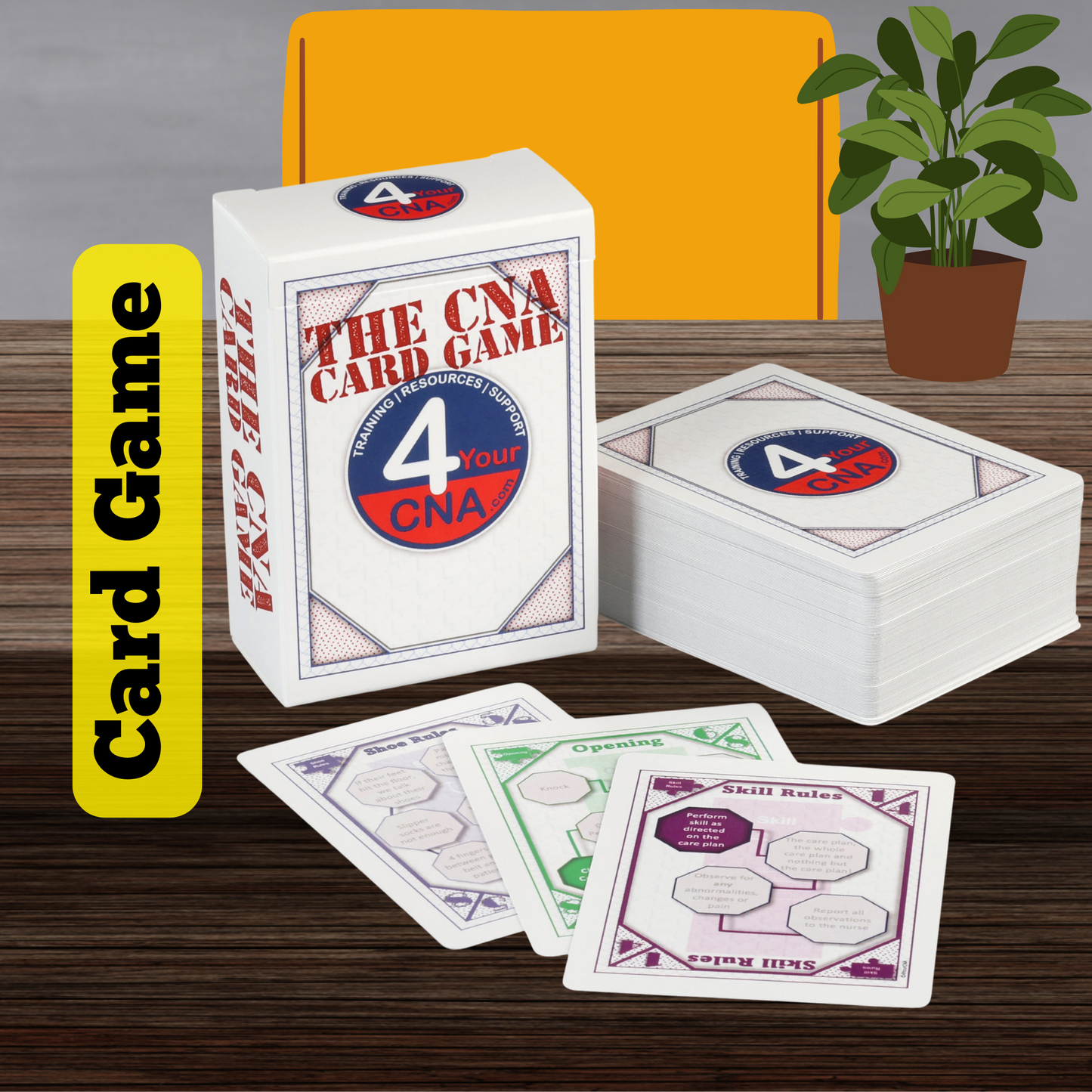 The image shows a box and several cards from the CNA Principles Card Game, indicating it's a educational game related to nursing principles.