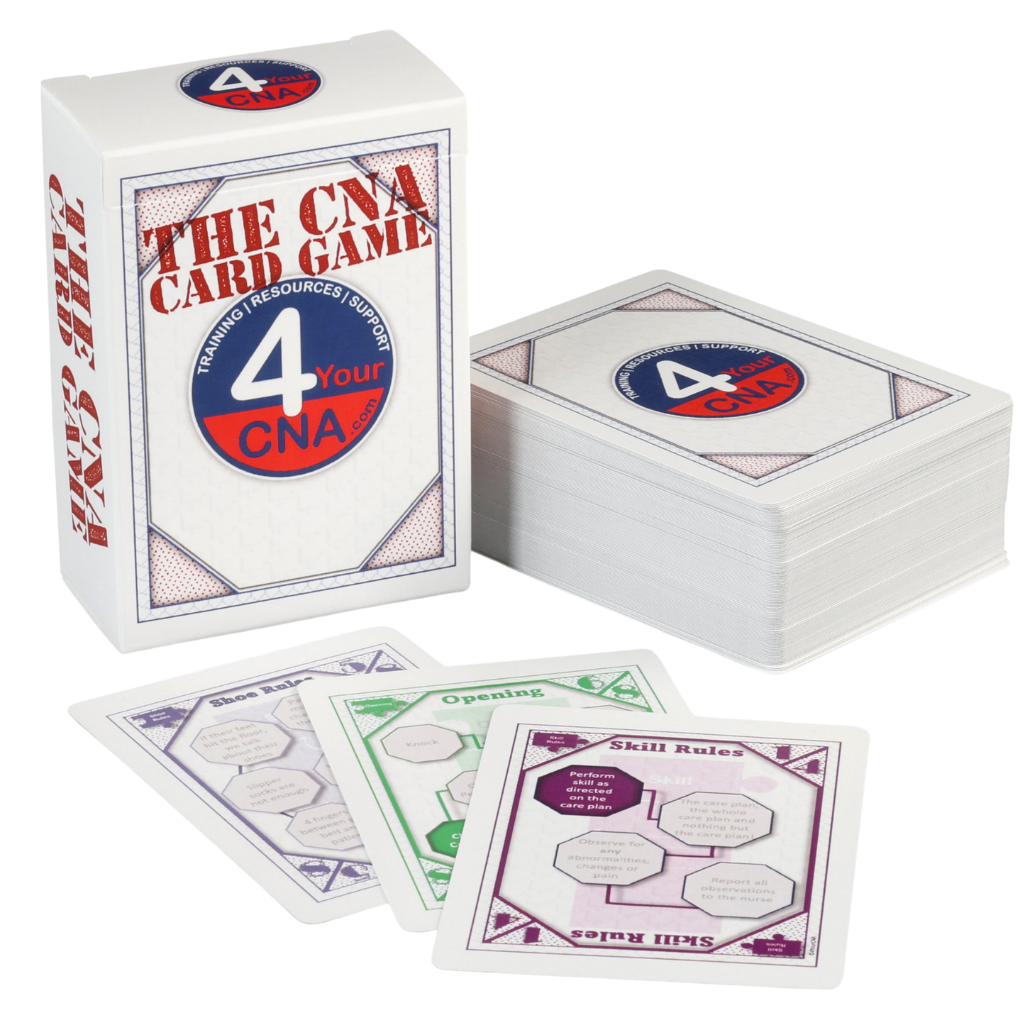 CNA Card Game packaging and cards on a white background