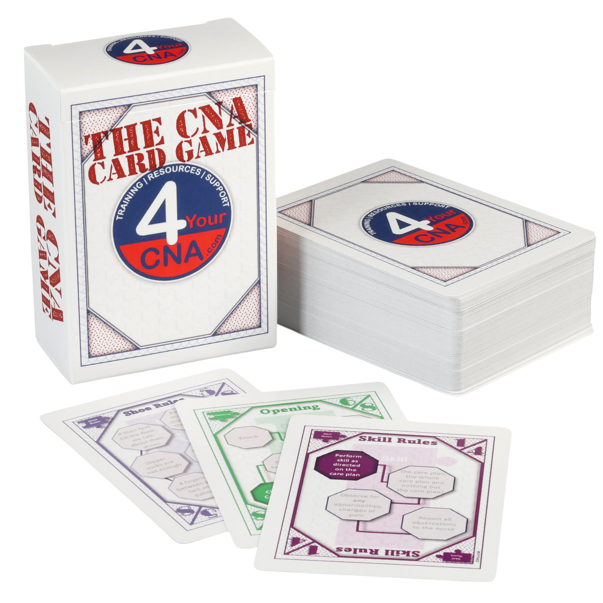 CNA Card Game packaging and cards on a white background