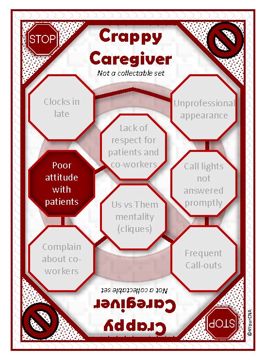 Crappy caregiver card showing negative employment traits