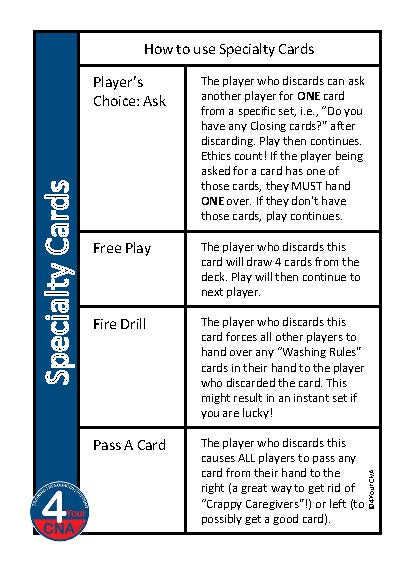 white card with blue and black graphics detailing specialty cards and functions