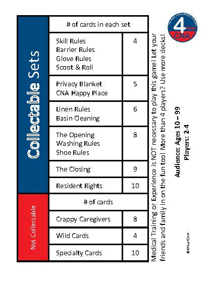 white card with blue and red graphics and black text indicating cards and collections