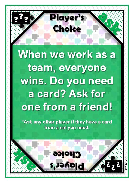 white card with green and black graphics player's choice specialty card