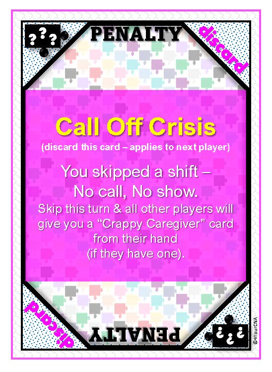 white card with pink and black graphics indicating a call off crisis skip card