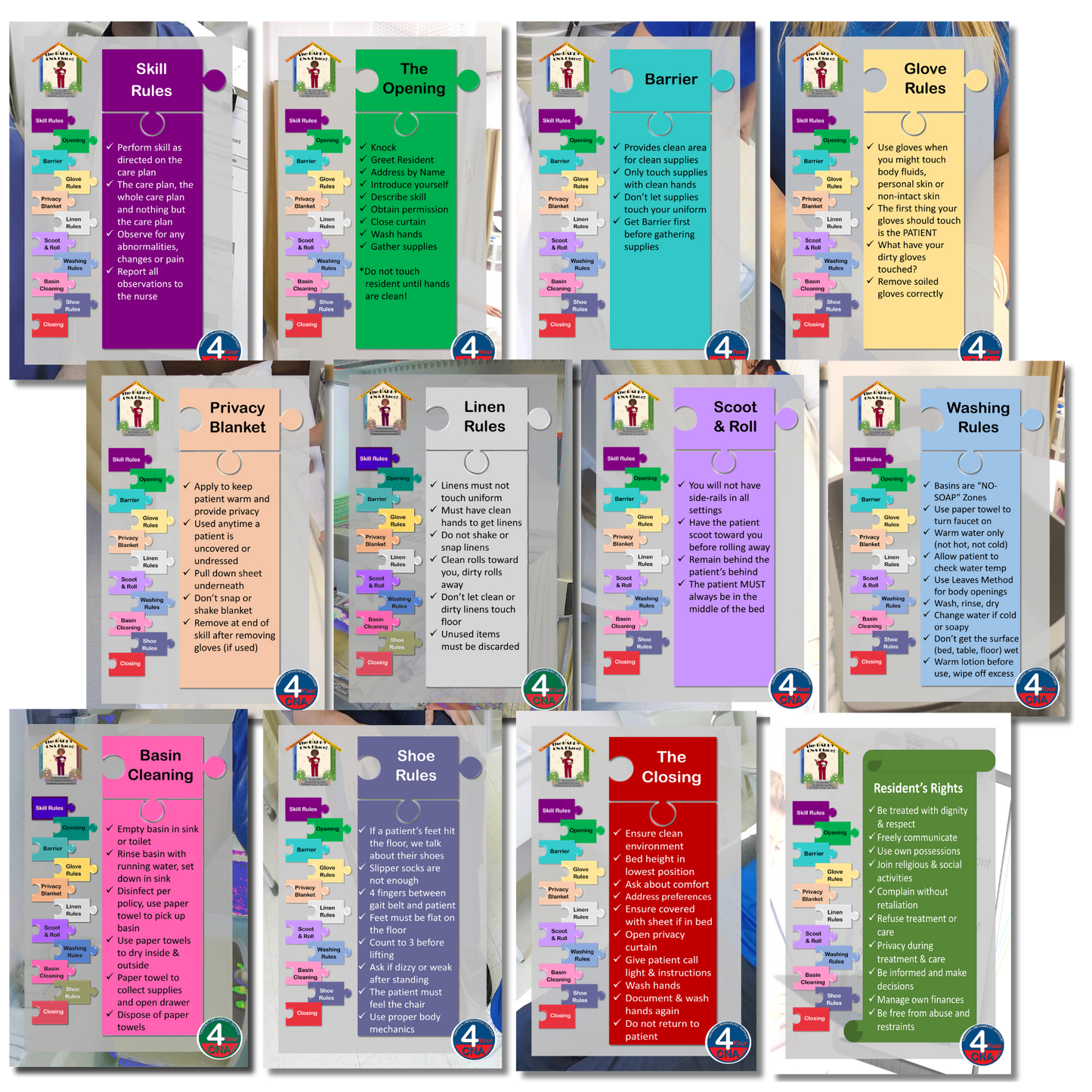 Colorful CNA Training banners detailing basic personal care principles