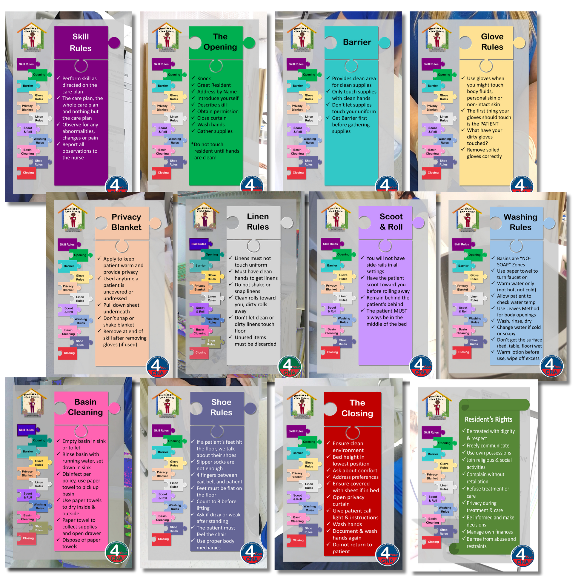 Colorful CNA Training banners detailing basic personal care principles
