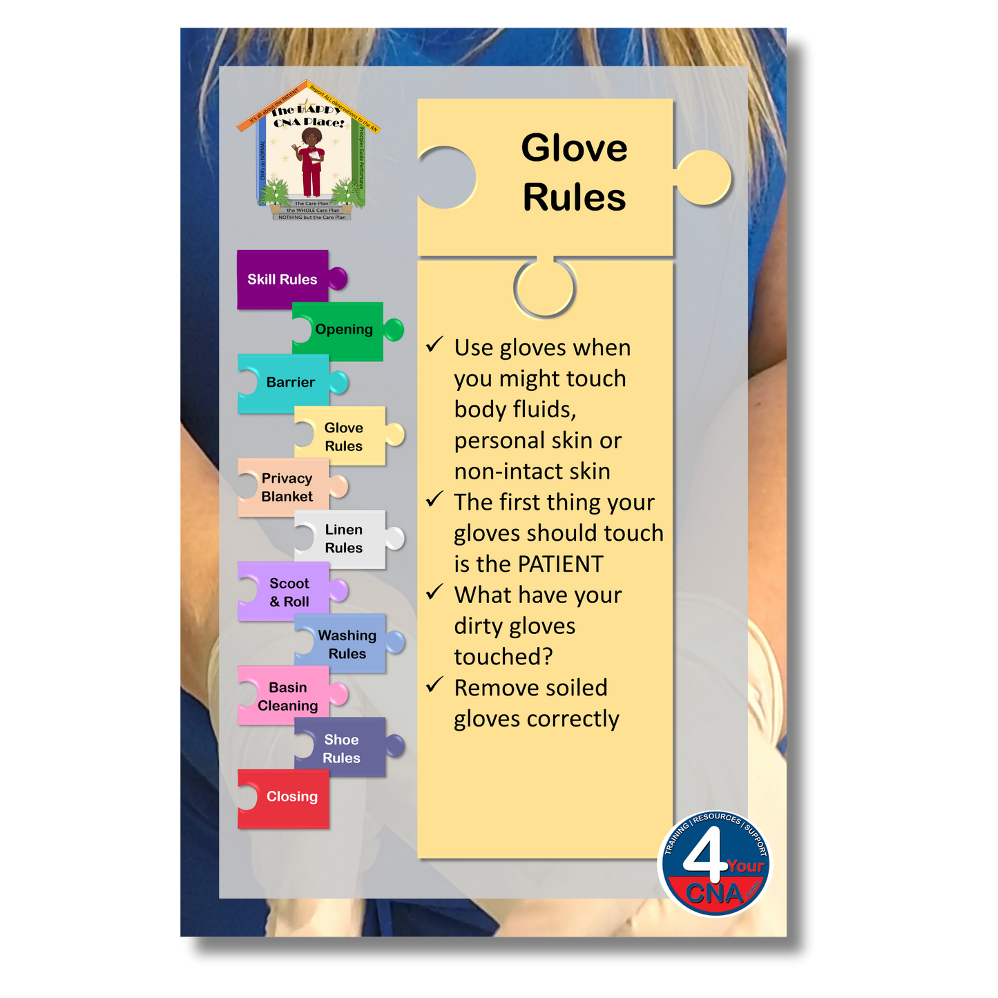 Door hanger with glove rules for healthcare settings on a white background
