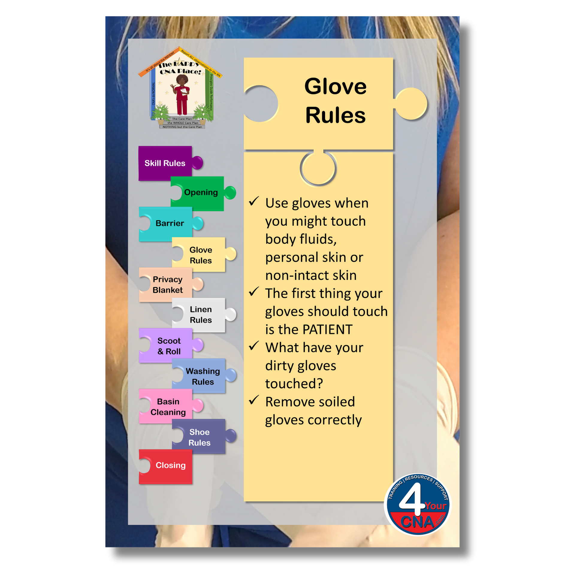 Door hanger with glove rules for healthcare settings on a white background