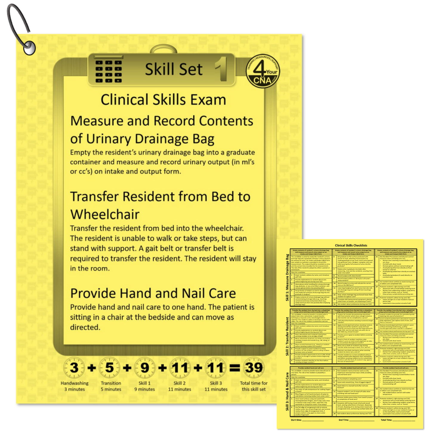 Yellow training manual for clinical skills exam with text and calculations on a white background