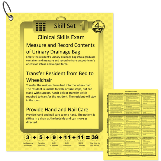 Yellow training manual for clinical skills exam with text and calculations on a white background