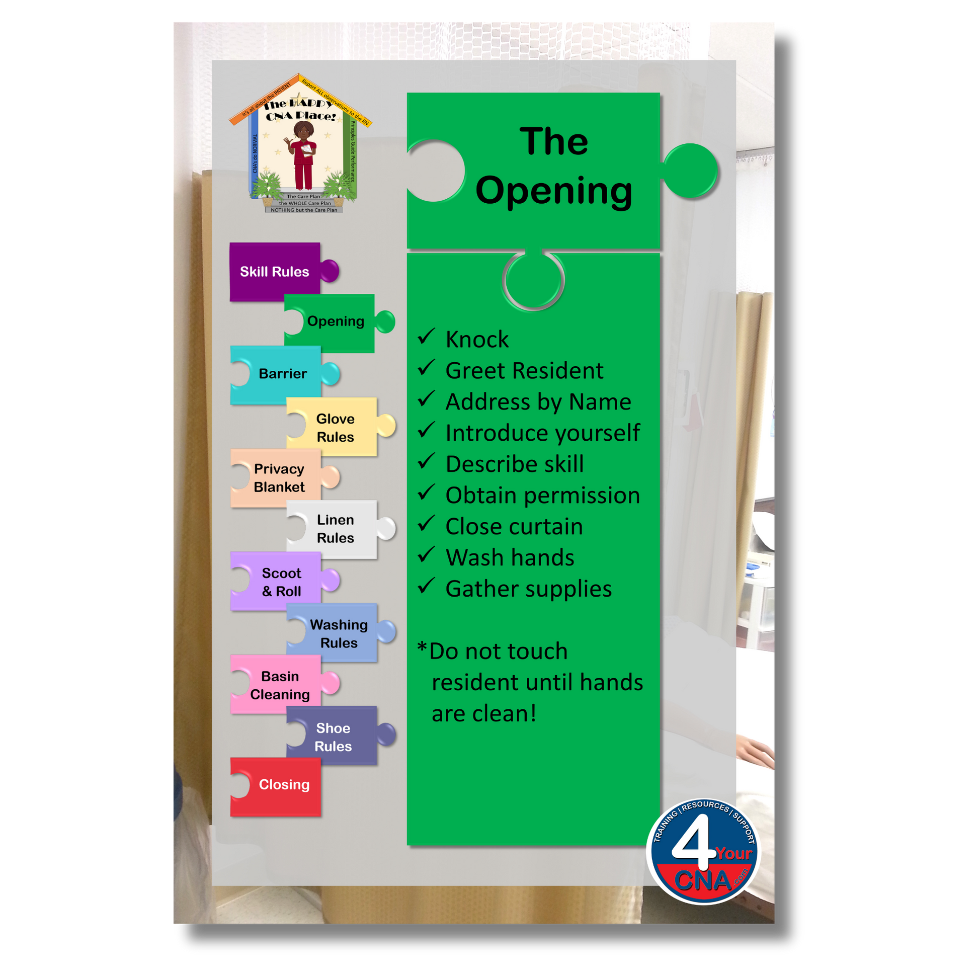 Door sign with safety rules for a care facility, featuring colorful labels and text.